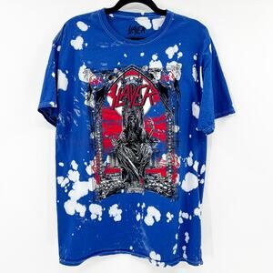 Slayer Unisex Blue Tie Dye‎ Graphic Print Short Sleeve Band Tee T Shirt Top Sz M
